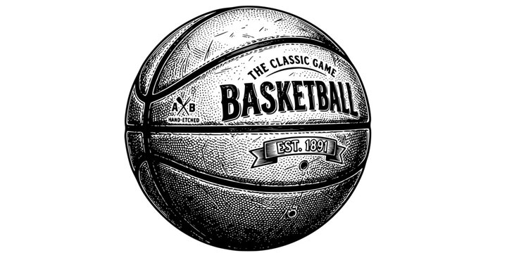 Basketball Engraving Black White-Panel Seam Leather Texture Groove-Ball Detail Vector-Ball Icon Engraving-Basketball Design Set