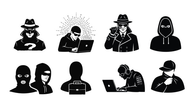 Silhouette Collection Of Secret Agents And Hackers Black And White