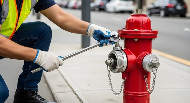Worker In High Visibility Vest Tightens Red Fire Hydrant With Wrench On City Street Sidewalk