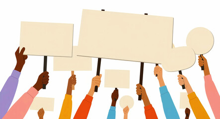 Fototapeta premium Diverse hands holding up blank placards and signs. People participating in a peaceful protest or demonstration. Activism and social justice concept, ideal for marketing messages.
