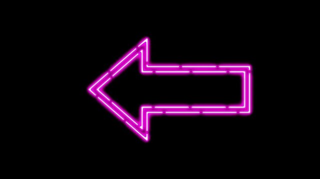 Neon arrow blinking in neon blue and purple dashed lines pointing left on an isolated dark background.