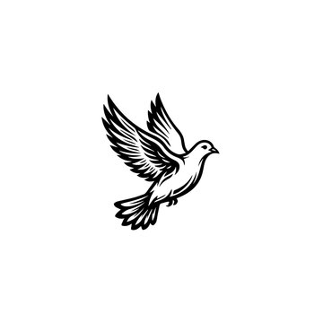 Stylized Black and White Flying Dove Illustration with Spread Wings.