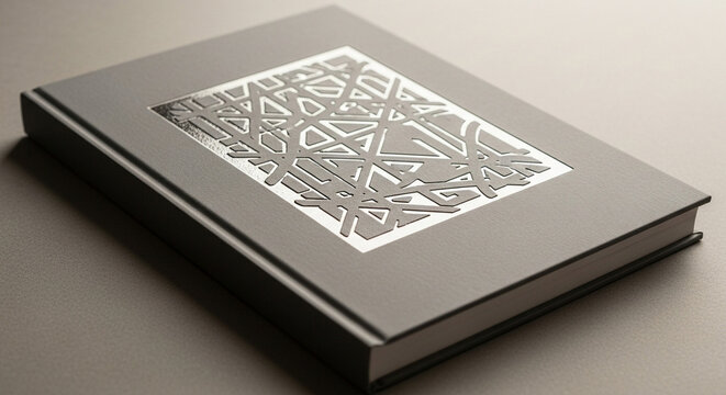 A 3D rendering of a closed black hardcover book with a white geometric patterned cover on a plain surface, product mockup, simple background