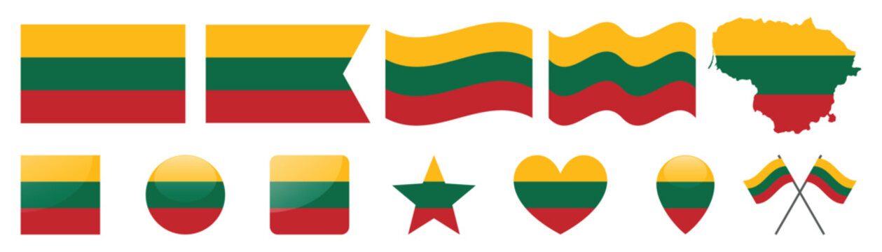 lithuania flag vector set, lithuanian national flags in various shapes and forms, country symbol collection.