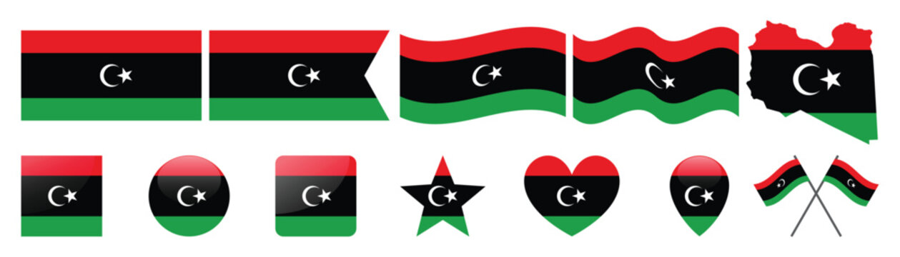 libya flag vector set, libyan national flags in various shapes and forms, country symbol collection.