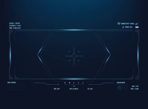futuristic blue Head up Display HUD interface targeting reticle and hexagonal framing. connectivity, power levels, a compass, and sensor inputs