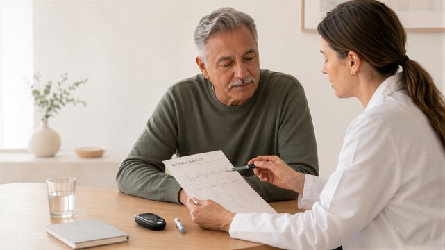 Woman doctor explaining blood sugar log to senior man. Patient consultation at medical clinic discussing diabetes management. Healthcare professional reviewing glucose level data report