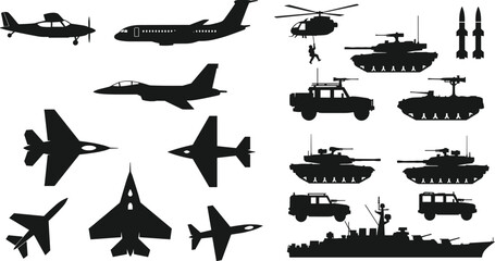 Obraz premium Military Vehicle and Aircraft Silhouette Collection Featuring Fighter Jets Tanks Helicopters Missiles and Naval Warship