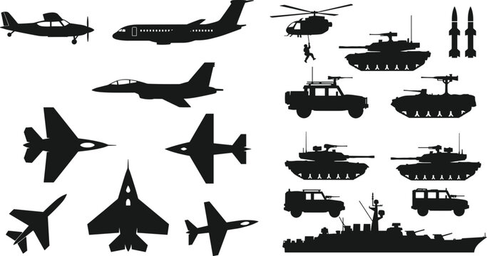 Military Vehicle and Aircraft Silhouette Collection Featuring Fighter Jets Tanks Helicopters Missiles and Naval Warship