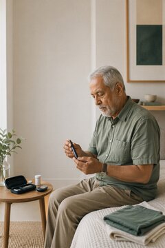 Senior man checking blood glucose level with glucose meter. Patient monitoring sugar at home. Healthcare management of diabetes mellitus. Medical device for chronic illness control