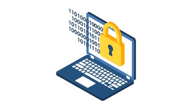 Cybersecurity - Isometric Laptop with Binary Code Data Stream and Golden Padlock Encryption Protection Concept