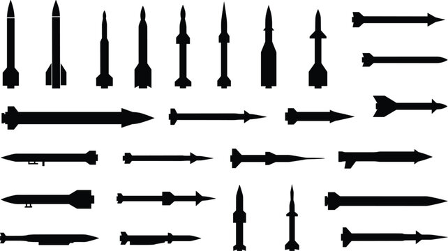 Missile and Rocket Silhouette Collection Featuring Guided Missiles Tactical Rockets and Defense Aerospace Weapon Systems