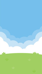 Obraz premium An illustration of a blue sky with white clouds over a lush green garden landscape vertical background.