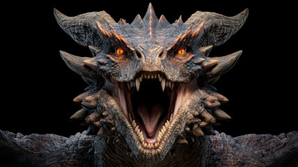 Fototapeta premium A detailed, centered shot of a roaring dragon. its head dominates the frame, featuring intricate brown and grey scales, numerous sharp spikes. Ai generated