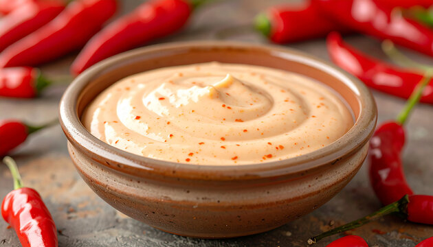 Creamy chipotle sauce in ceramic bowl and fresh red chili peppers, rustic culinary styling, blurred background. Close-up.