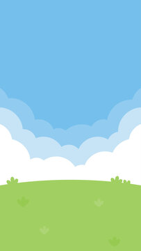 An illustration of a blue sky with white clouds over a lush green garden landscape vertical background.