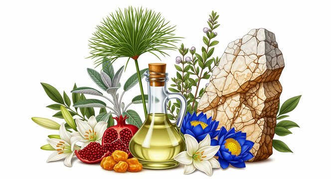 Glass bottle of anointing oil surrounded by biblical ingredients including pomegranate, frankincense, and lilies. Digital illustration of blue lotus and hyssop on white. Spiritual healing concept.