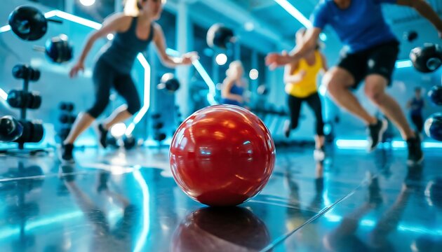 Bright red dodgeball in sharp focus on gym floor during energetic fitness class, featuring motion blur, teamwork, cardio training, athletic activity, and wellness.