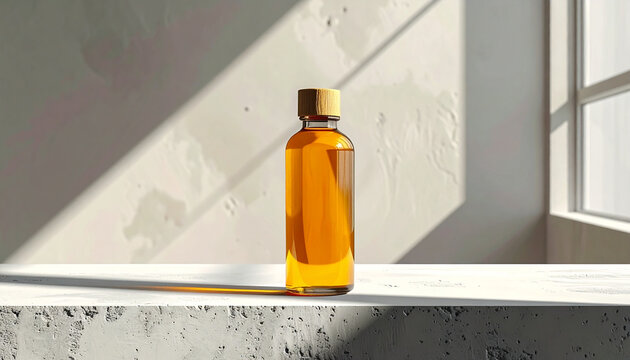 Amber liquid bottle on a white surface with sunlight from a window