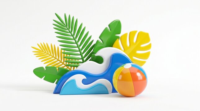 3D Summer Beach Concept with Ocean Wave Beach Ball and Tropical Leaves