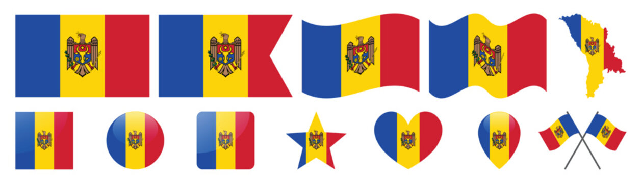 Collection of Moldova national flag illustrations in diverse geometric shapes.