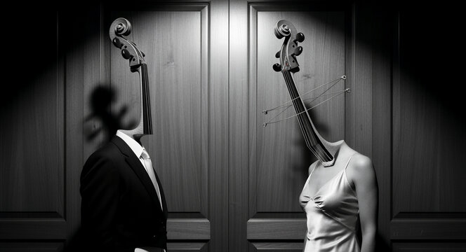 Man and woman with cello necks for heads standing in front of wooden doors. Artistic black and white conceptual portrait featuring dramatic lighting. Surreal music concept for creative art covers.