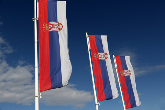 Three vertical Serbian national flags with coat of arms waving on white flagpoles against a blue sky.