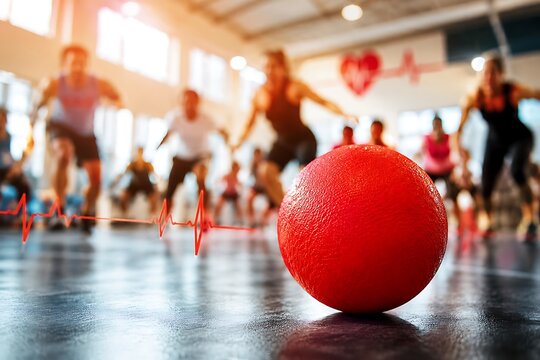 Bright red dodgeball in sharp focus on gym floor during energetic fitness class, featuring motion blur, teamwork, cardio training, athletic activity, and wellness.