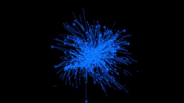 Abstract blue glowing particle streaks and energy tentacles swirling on a black background, futuristic fluid motion effect.