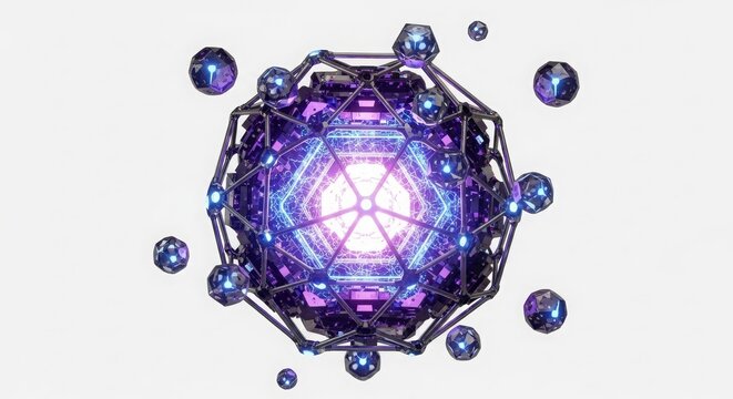Technology - Glowing Purple Neon Dodecahedron Sci Fi Energy Core with Floating Geometric Crystal Orbs 3D Render