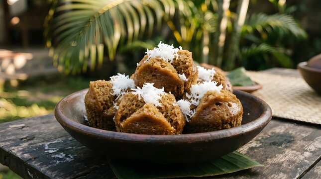 "Kue Apang pella, traditional Indonesian Bugis-Makassar palm sugar steamed cakes topped with freshly grated coconut, representing authentic sweet cultural delicacies."