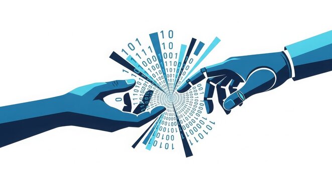 Technology - Human and Robot Hands Touching Through Binary Code Data Stream Digital Connection