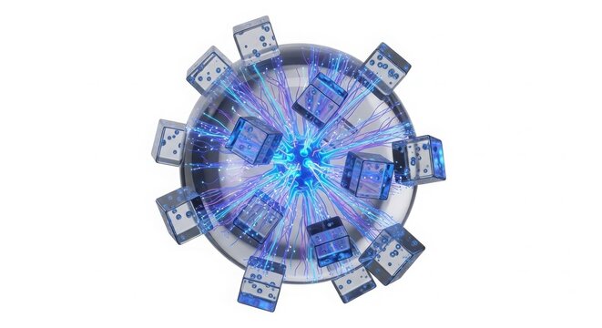 Technology - Quantum Computing Concept with Glowing Blue Energy Beams Connected to Transparent Cubic Nodes on Circular Platform