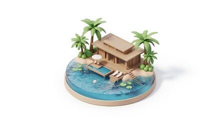 Obraz premium Travel - 3D Isometric Tropical Island Villa with Pool Palm Trees Sandy Beach and Blue Ocean Water