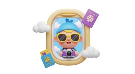 Fototapeta premium Travel - Cute 3D Cartoon Child Character Looking Through Airplane Window With Passport and Camera