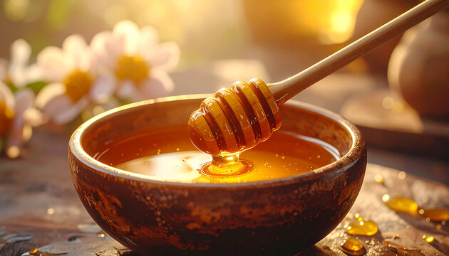Close up of fresh golden honey in a wooden bowl with honey dipper