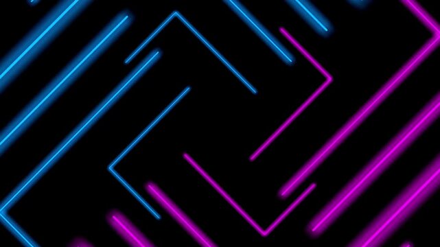 Neon background featuring abstract blue and purple lines geometric patterns forming and disappearing rhythmically.