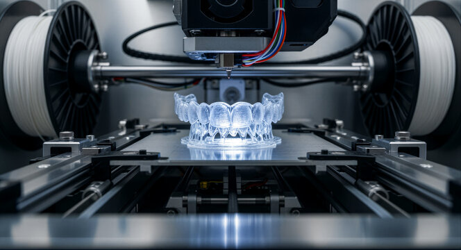 3D printer nozzle creating a transparent dental arch model on a metallic platform. The machine uses additive manufacturing technology with filament spools visible. Modern digital dentistry concept.