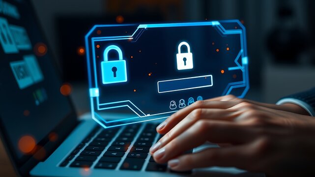 Cyber security login screen with glowing locks and user icons image