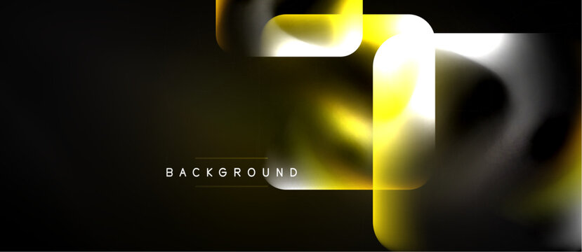 Abstract design features layered rectangles, gold, silver hues. Dark background creates dramatic visual effect. Modern, sleek presentation.