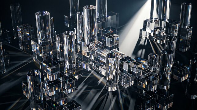 An abstract transparent crystal reflection background made with cylinders and shadows.
