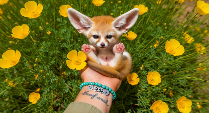 Tiny fennec fox kit sitting in a person's hand among yellow wildflowers. Small exotic desert animal showing large ears and pink paw pads in a sunny meadow. Cute wildlife rescue and nature concept.
