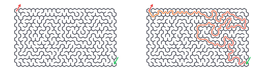 Fototapeta premium Two hexagonal mazes on transparent background. One empty puzzle and one completed with path solution shown. Educational logic game, IQ test and creative problem solving strategy concept.