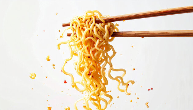 Close up of golden noodles lifted by wooden chopsticks against white background