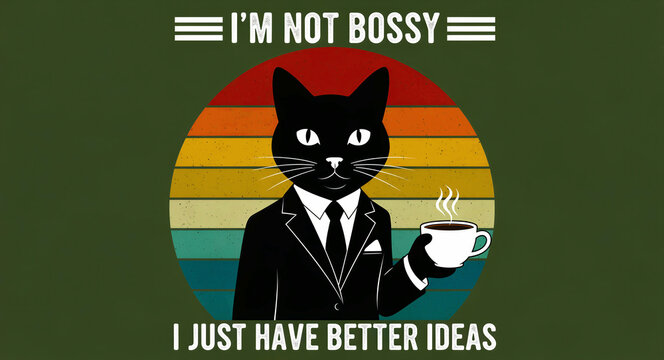 Black cat in business suit holding coffee cup with I'm not bossy text. Anthropomorphic feline illustration with a retro sunset background. Humorous office culture and leadership concept.