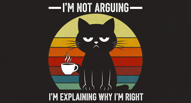 Grumpy black cat holding coffee cup with retro sunset background. Funny text graphic featuring sarcastic quote about being right. Humorous feline design for t-shirt prints and novelty gifts.