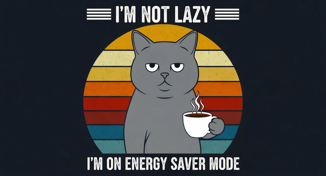 Grumpy gray cat holding a coffee cup in front of a retro sunset. Humorous quote design featuring energy saver mode text. Funny animal vector art ideal for t-shirt prints and commercial merchandise.