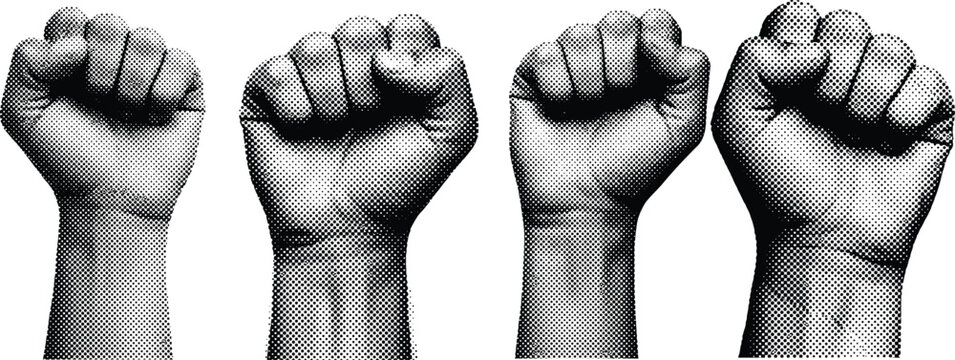 Four raised fists in dot pattern black and white illustration
