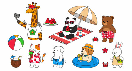 Fototapeta premium Cute cartoon animals enjoying summer beach activities. Features giraffe taking selfie, panda eating watermelon, and pets in swimwear. Kawaii sticker set for summer marketing and kids' crafts.