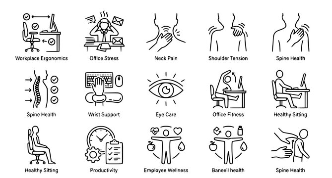 Office worker health thin line icon collection with ergonomic wellness concepts